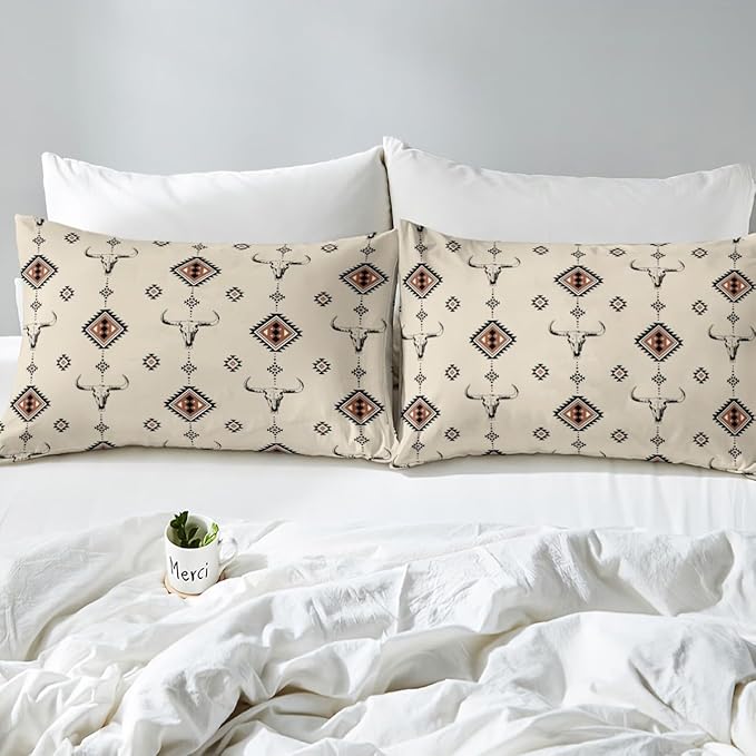 Castle Fairy Western Duvet Cover Queen Size,Tribal Geometry Southwestern Boho Soft Bedding Set,Country Cow Skull Comforter Cover 3PCS,Retro Cowboy Quilt Cover,2 Pillowcases(Not Comforter)