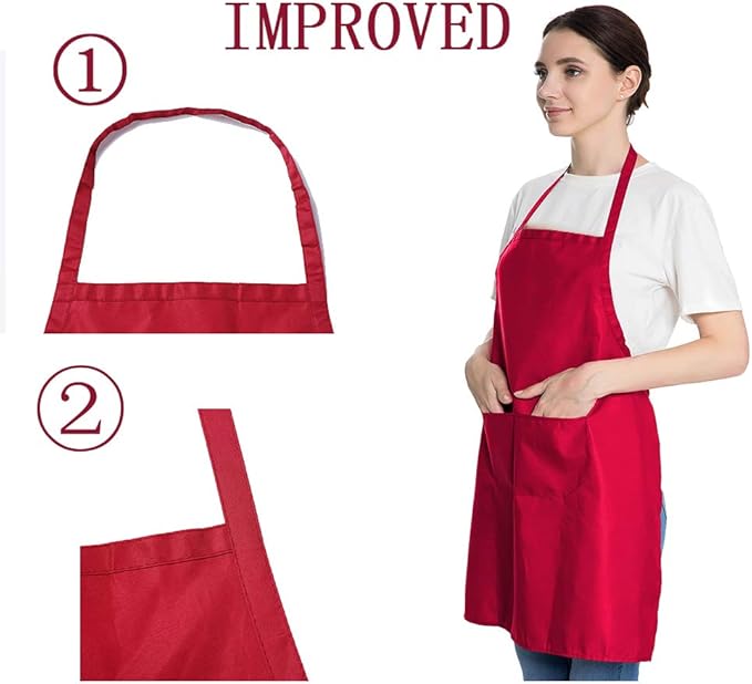 Total 6PCS Red Aprons Bulk for Women Unisex Plain Colour Bib Aprons with 2 Front Pockets Washable Apron for Painting Cooking Baking Kitchen Restaurant Crafting