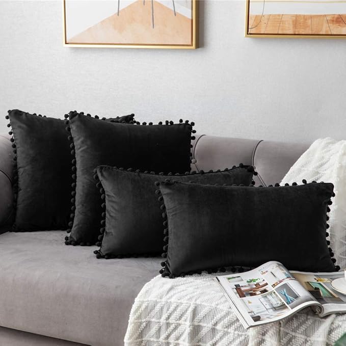DEZENE Decorative Pillow Covers 12x20 Black: 2 Pack Cozy Soft Pom-poms Velvet Rectangular Throw Pillow Cases for Farmhouse Home Decor