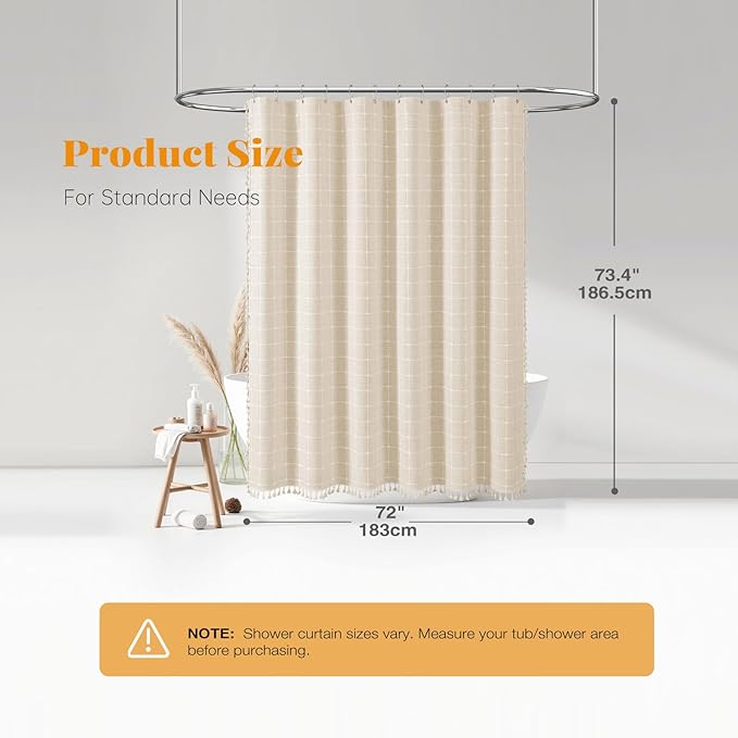 BTTN Boho Farmhouse Shower Curtain Set with Tassel - Linen Rustic Heavy Duty Fabric, Water Repellent, Modern Bohemian French Country Thick Bathroom Shower Curtains - Cream/Beige, 72x72