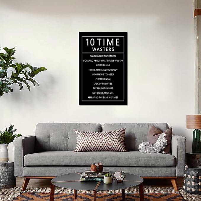 Inspirational 10 Time Wasters Wall Art for Office Motivational Positive Quote Canvas Poster Wall Decor Paintings Wooden Framed Artwork Living Room Bedroom Home Decoration Ready to Hang [24''W x 36''H]