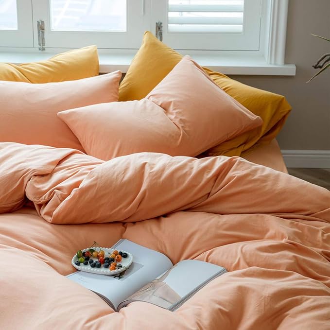 AMWAN Peach Pink Color Full Size Duvet Cover Soft Jersey Knit Cotton Duvet Cover Boho Orange Bedding Sets Solid Color Comforter Cover Luxury Soft T-Shirt Cotton Duvet Cover with Zipper Ties