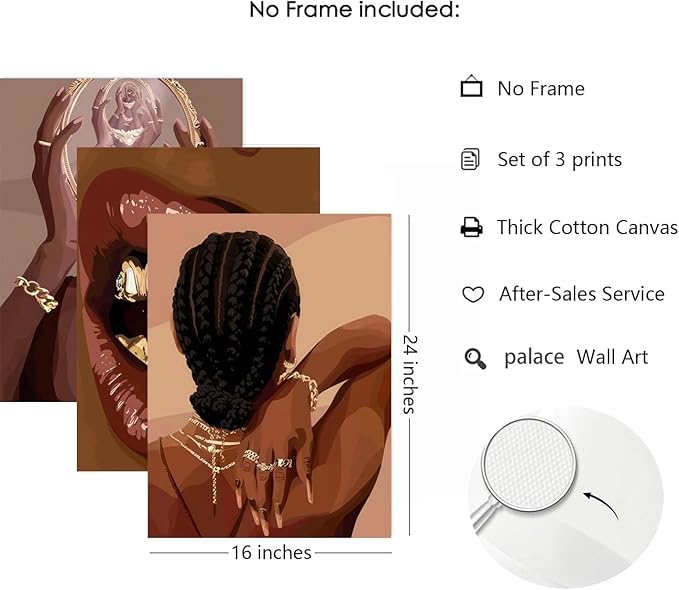 ANVOTIG Black Woman Posters Wall Art Set of 3 Black Girl African Women Canvas Wall Decor American Black Female Pictures Boho Fashion Abstract for Home Bedroom LivingRoom Bathroom 16X24 Inch Unframed