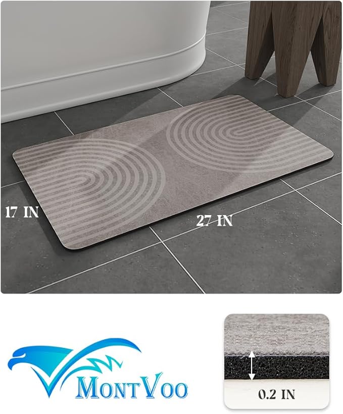 MontVoo -Bath Mat-Non Slip Thin Bathroom Rugs Fit Under Door- Quick Dry Absorbent Faux Suede Surface Grey Bathroom Floor Mats-Shower Rug for in Front of Bathtub Shower Grey & Beige 17x27.5