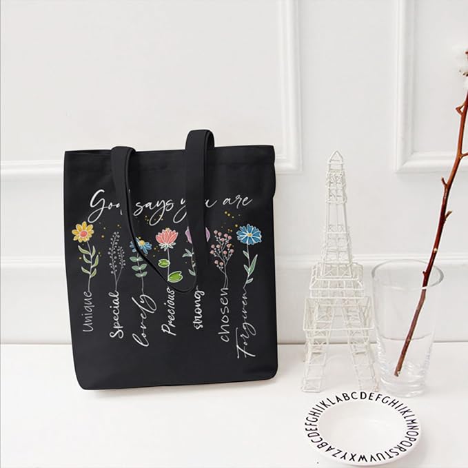 2 Pack Christian Bible Canvas Tote Bag for Women with Makeup Bag Gods Says You Are Bags Floral Tote Bag Aesthetic