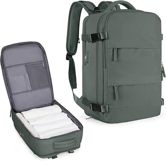 coowoz Large Travel Backpack For Women Men,Carry On Flight Approved,Hiking Waterproof Outdoor Rucksack Casual Daypack Fit 15.6 Inch Laptop Shoes Compartment (Olive Green)