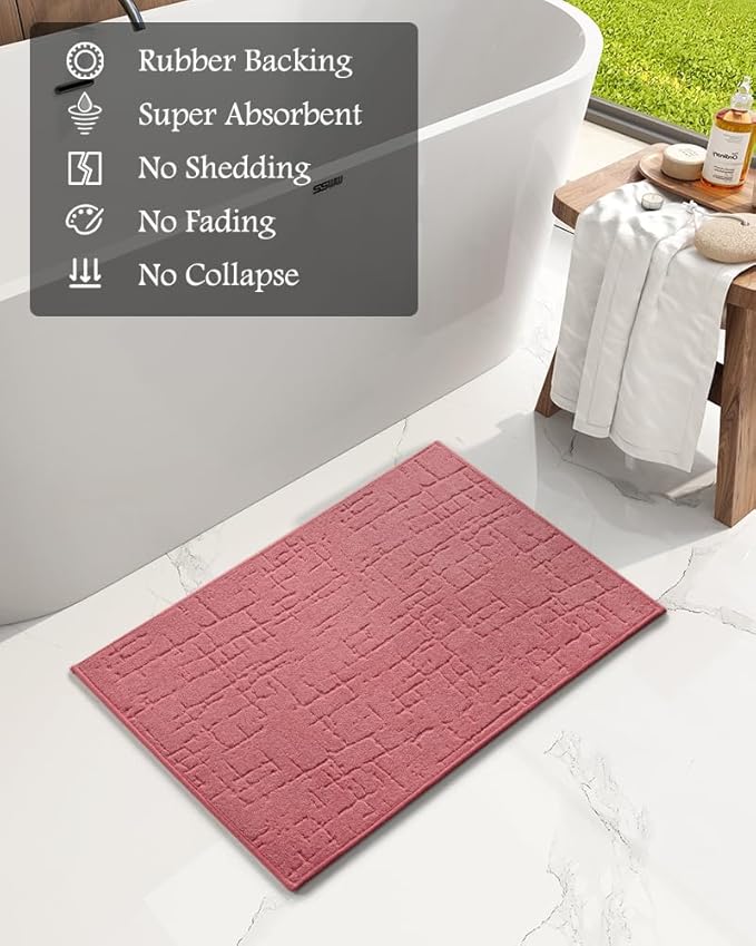 AMOAMI-Bath Mat-Absorbent Quick Dry Bathroom Floor Mats-Washable Rubber Backing Bath Mats for Bathroom Rugs Fit Under Door-Bath Rug for in Front of Sink Bathtub Shower Room, Pink 17''x24''