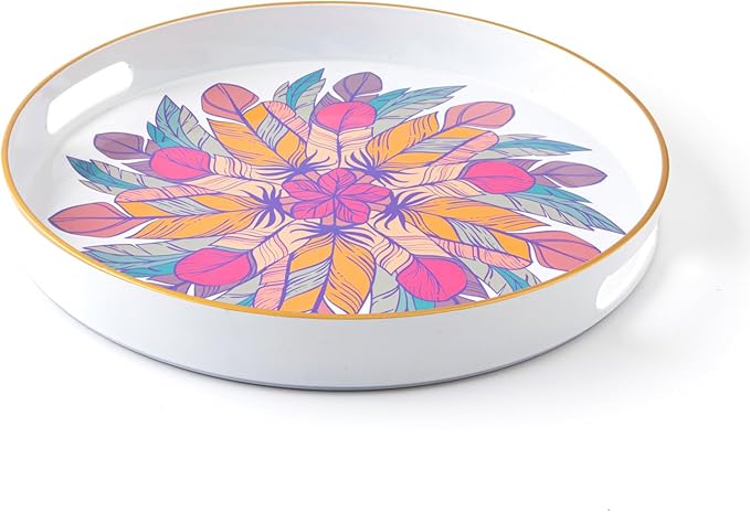 Round Coffee Table Tray Ottoman Tray,Round Plastic Serving Trays with Handles,Modern Decorative Tray for Ottoman Coffee Table,Plastic Ottoman Tray for Living Room, Large, White