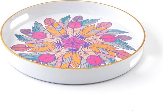 Round Coffee Table Tray Ottoman Tray,Round Plastic Serving Trays with Handles,Modern Decorative Tray for Ottoman Coffee Table,Plastic Ottoman Tray for Living Room, Large, White