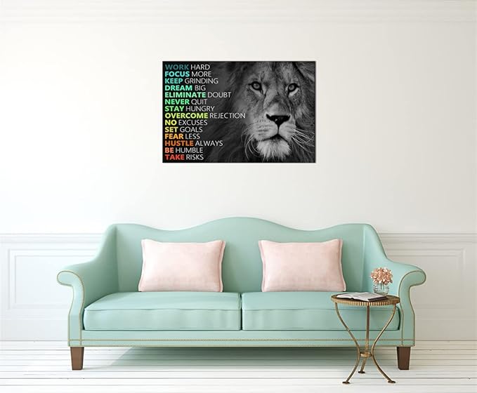 Motivational Poster for Office Lion Inspirational Canvas Wall Art Lion Inspiring Canvas Prints Artwork for Living Room Modern Home Decor Painting Stretched and Framed Ready to Hang [36''Wx 24''H]