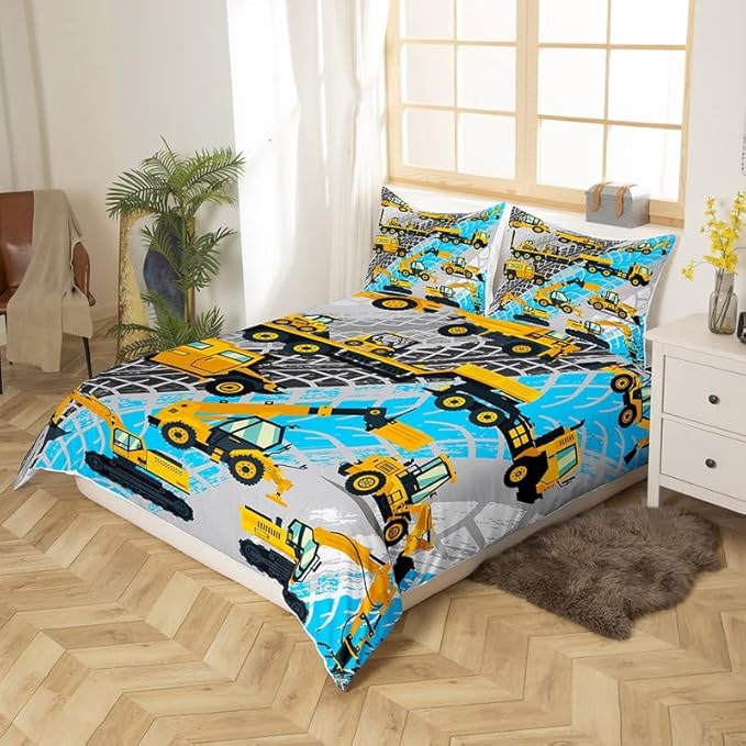 Feelyou Construction Duvet Cover Set Excavator Tractor Truck Comforter Cover for Kids Boys Girls Construction Vehicle Bedding Set 1 Duvet Cover & 1 Pillowcase