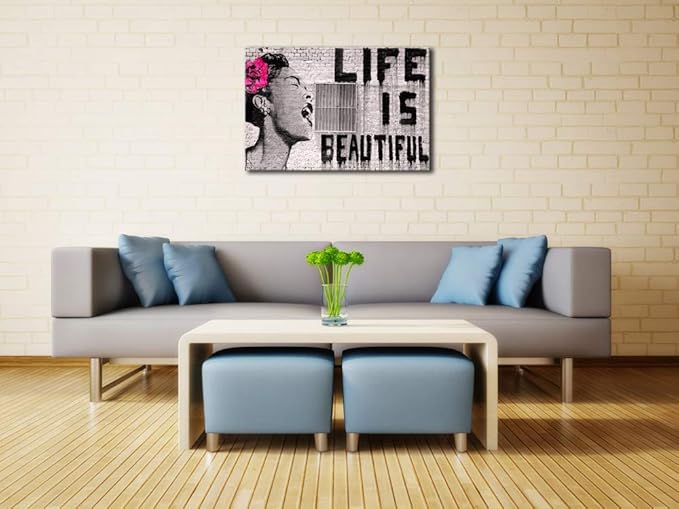 Wieco Art Banksy Life is Beautiful Modern Gallery Wrapped Grey Love Abstract Artwork Paintings Pictures Large Giclee Canvas Prints Wall Art Ready to Hang for Living Room Home Office Decor
