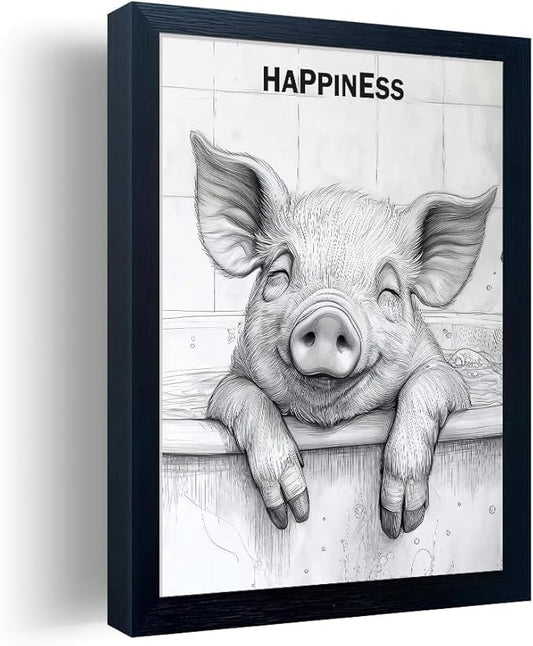 Minimalist Bathroom Wall Decor, Happy Pig Wall Art in Picture Frames, Hilarious, Fun Bathroom Animal Art, Black and White Canvas Prints can be Hung Directly - Frame, 11 "x 14