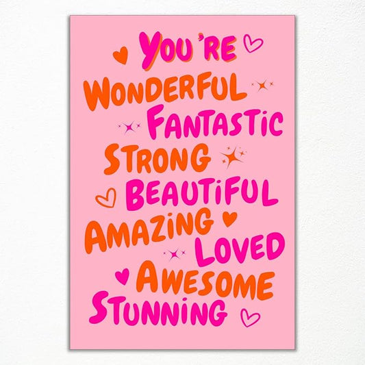 Trendy You Are Amazing You Are Awesome Poster, Funky 70s Pink Orange Aesthetic Canvas Wall Art, Preppy Uplifting Daily Reminder Quotes, Motivational Gifts Picture for Girls 12x16in Unframed