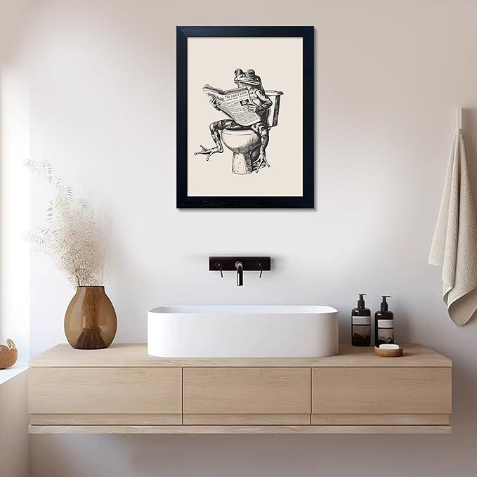 Black Framed Bathroom Wall Art - Funny Frog on Toilet Reading Newspaper Canvas Print - Animal Artwork Pictures for Wall Decor