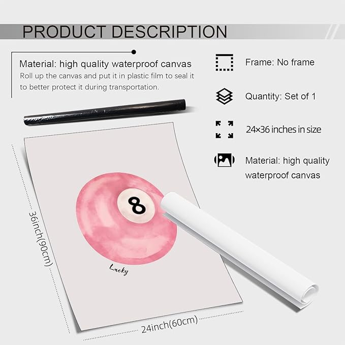XSCQ Pink 8 Ball Wall Art Vintage Trendy Preppy Pool Ball Posters Minimalist Retro Light Pink Canvas Prints Lucky Number Painting for Girly Bedroom Dorm Wall Decor 24x36 inch Unframed