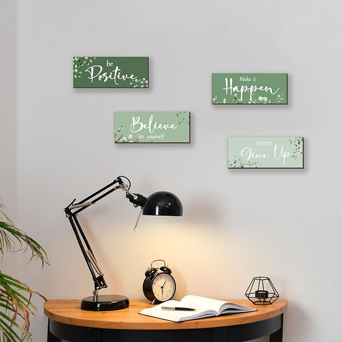 4 Pcs Green Office Decor For Women Motivational Wall Decor Inspirational Green Office Wall Decor With Positive Sayings Wooden Hangings for Home Bathroom Bedroom Kitchen(10x4")