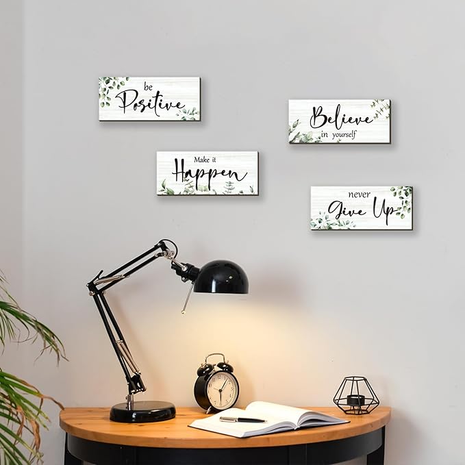 4 Pcs Green Office Decor For Women Motivational Wall Decor Inspirational Office Wall Decor With Positive Sayings Wooden Hangings for Home Office Bathroom Bedroom Kitchen(Green Leaf 10x4")