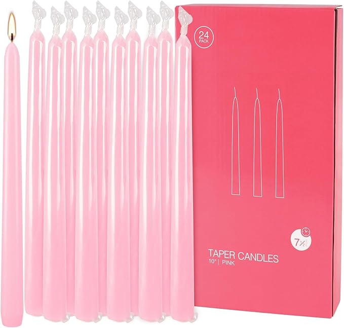 24 Pack Pink Taper Candles, 7-8 Hours Burn Time, Unscented, Smokeless and Dripless, 0.75 x 10 Inch Dinner Candle Set for Household, Wedding, Party and Home Décor Candlesticks