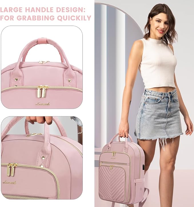 LOVEVOOK Laptop Backpack for Women, Water Resistant Travel Work Backpacks Purse Stylish Business Teacher Nurse Computer Bag with USB Charging Port,Pink