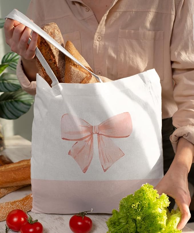 Coquette Pink Bow Preppy Canvas Tote Bag for Women Teens Teen Girls, Pink Bow Girls Tote Bag, Coquette Gifts