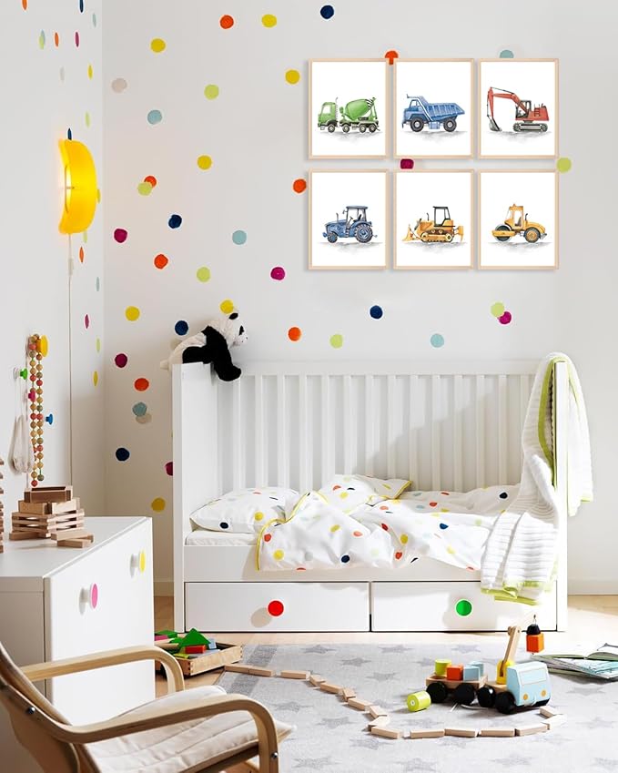 ASTRDECOR Construction Room Decor for Boys, Boys Nursery Decor, Toddler Boy Room Decor, Playroom Wall Art Watercolour Truck Prints for Kids Room, Car Pictures Wall Decor for Playroom, Nursery, Bedroom, Truck Vehicles Posters - 8"x10"x6PCS, Unframed