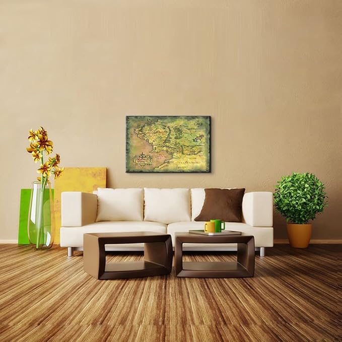 Middle Earth Map Wall Art Canvas Print - Fantasy Map of Middle Earth - 12''H x 18''W with Inner Wooden Frame - Lightweight & Easy to Hang - Perfect for Bedroom, Game Room Decor