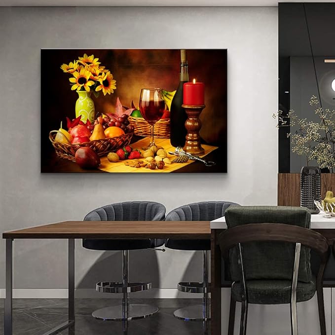 Sunflower Wall Art Wine Kitchen Decor Fruits Basket Poster Food Art Fruit Canvas for Dining Room Kitchen Bar Ready to Hang (28''H x 40''W)