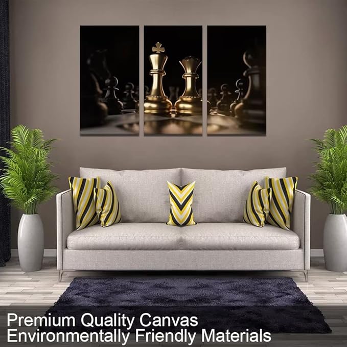 Chess Wall Art Black and Gold Canvas Wall Decor King and Queen Paintings for Living Room Office 3 Pieces Pictures Prints Poster Artworks Framed Ready to Hang(20x 40inch/3 PCS)