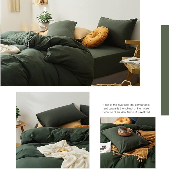AMWAN Dark Green Duvet Cover 100% Jersey Knit Cotton Duvet Cover Queen Olive Green Comforter Cover Luxury Soft T Shirt Cotton Bedding Set Simple Style Solid Green Bedding Quilt Cover