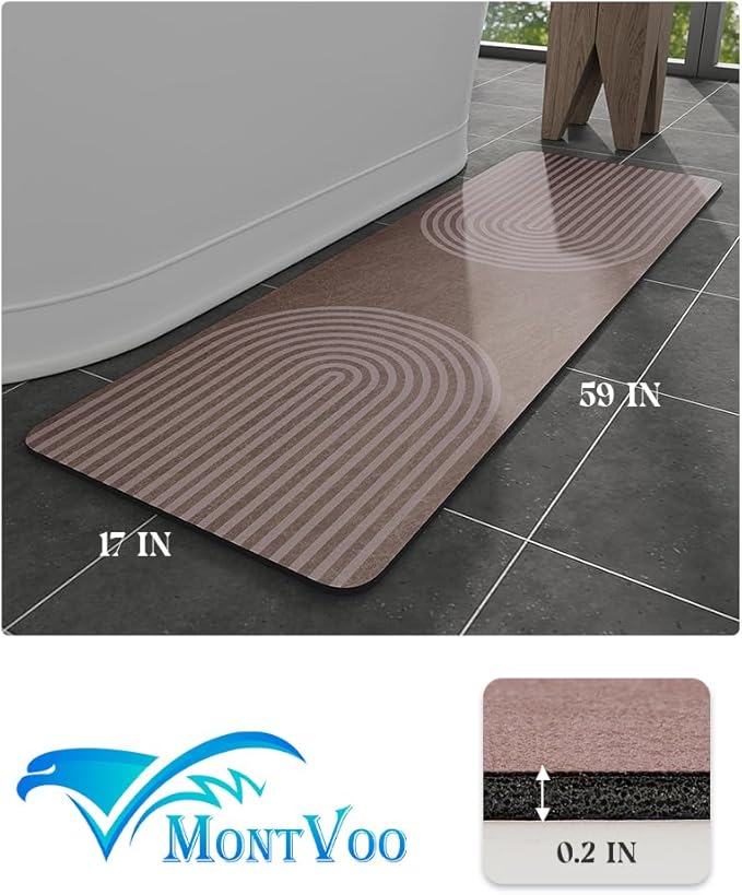 MontVoo -Bath Mat-Non Slip Thin Bathroom Rugs Fit Under Door- Quick Dry Absorbent Faux Suede Surface Grey Bathroom Floor Mats-Shower Rug for in Front of Bathtub Shower Brown Arched 17x59