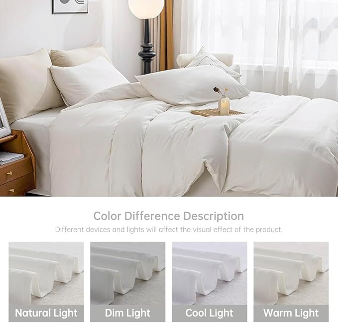 JELLYMONI Cotton Duvet Cover Twin Size - 100% Washed Cotton Linen Like Textured Comforter Cover, 2 Pieces Breathable Soft Bedding Set with Zipper Closure (Cream White, Twin 68"x90")