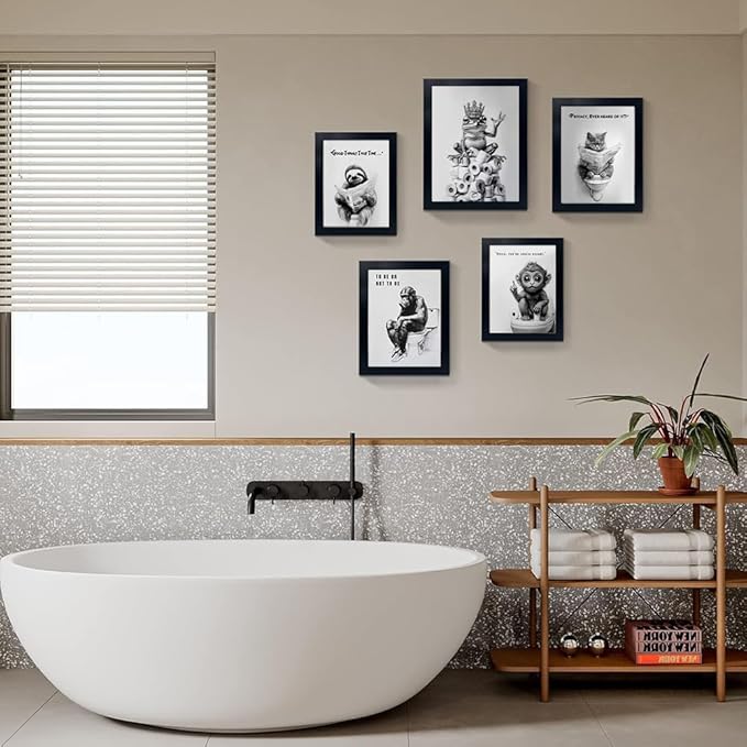 Framed Bathroom Decor Wall Art Wear Crown Frog Toilet Paper Pile - Playful Bathroom wall decor Animal Art black and white canvas wall art print can be hung directly - Frame, 8 "x 10"