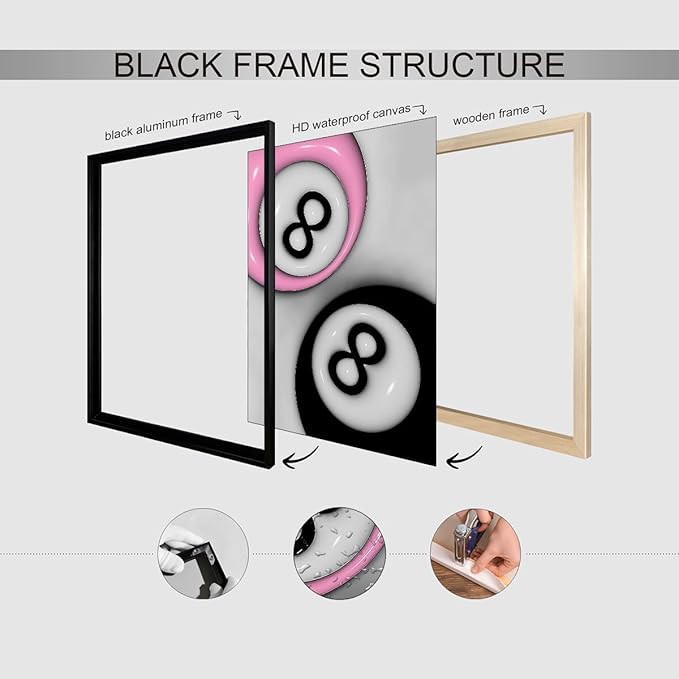 Trendy Pink and Black 8 Billiards Balls Poster Retro Pool Ball Couple Wall Art Y2K Aesthetic Canvas Prints 16x24 inch Black Framed Preppy Room Wall Decor for Billiard Hall College Dorm