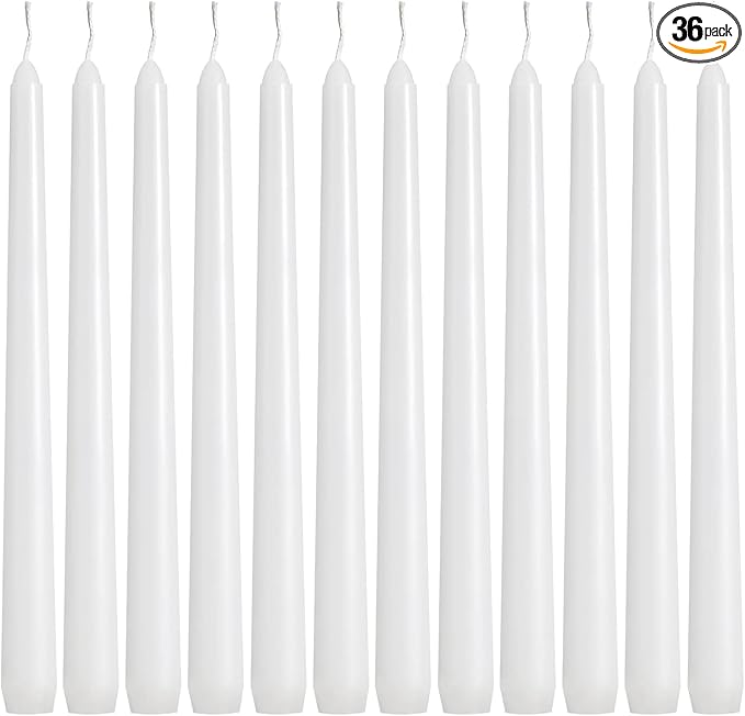36 Pack White Taper Candles, 7-8 Hours Burn Time, Unscented, Smokeless and Dripless, 0.8 x 10 Inch Dinner Candle Set for Household, Wedding, Party and Home Décor Candlesticks