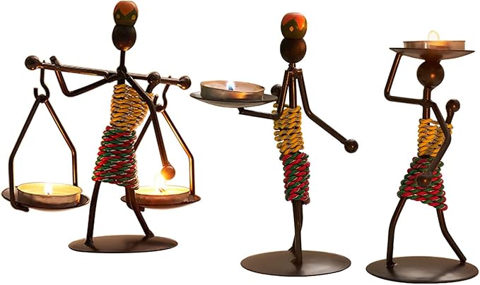 Candle Holders Sets of 3, Creative African Tribal Lady Candle Holder Centerpieces African Women Iron Candlestick Holder for Home/Bar Dinning Table Decor, Personalizable Style Shelf Décor