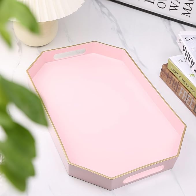 Pink Decorative Tray with Handles, Versatile Serving Tray for Coffee Table, Ottoman, Ideal for Serving, Displaying, Organizing, 15.7"*10.2"*1.57"