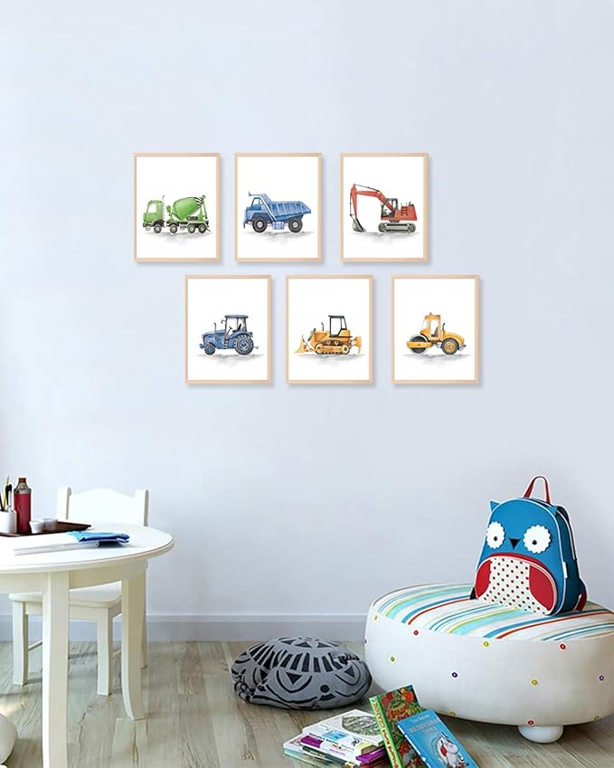 ASTRDECOR Construction Room Decor for Boys, Boys Nursery Decor, Toddler Boy Room Decor, Playroom Wall Art Watercolour Truck Prints for Kids Room, Car Pictures Wall Decor for Playroom, Nursery, Bedroom, Truck Vehicles Posters - 8"x10"x6PCS, Unframed