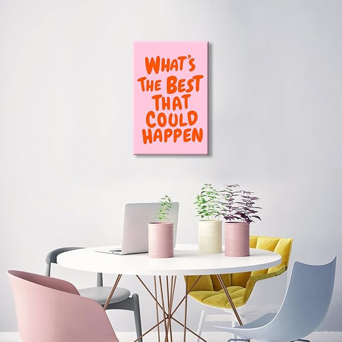Trendy What's The Best That Could Happen Quote Poster, Pink Orange Aesthetic Canvas Wall Art, Positive Affirmations Wall Decor, Uplifting Daily Reminder Typography Print 16x24in Wrapped Canvas
