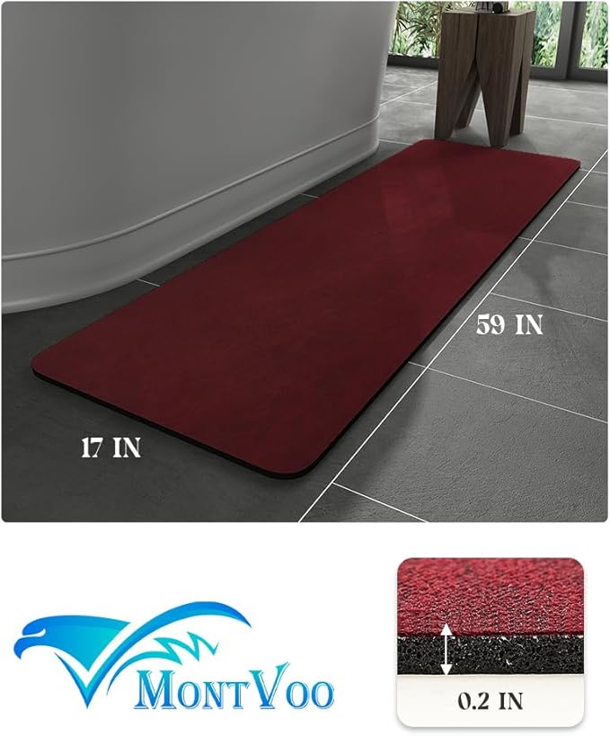 MontVoo -Bath Mat Rug-Rubber Backing Non Slip Quick Dry Absorbent Thin Bathroom Rugs Fit Under Door-Faux Suede Surface Bathroom Floor Mats-Shower Rug for in Front of Bathtub Shower Burgundy 17"x59"