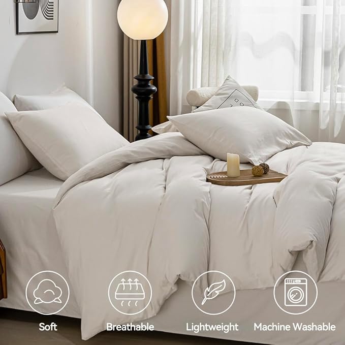 JELLYMONI Beige Duvet Cover Full Size - 100% Washed Cotton Linen Like Textured Comforter Cover, 3 Pieces Breathable Soft Bedding Set with Zipper Closure (Beige, Full 80"x90")