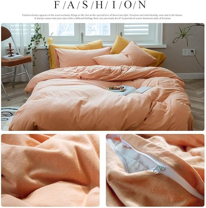 AMWAN Peach Pink Color Duvet Cover King Solid Orange Bedding Set 100% Jersey Knitted Cotton Comforter Cover Solid Color Duvet Cover Hotel Quality Luxury Bedding Set 1 Duvet Cover with 2 Pillowcases
