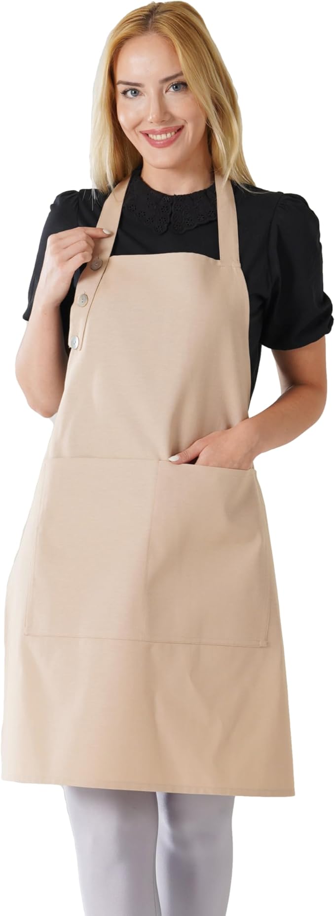 TOSHE Kitchen Apron Waterdrop Resistant Cotton Apron with adjustable Aprons for Women with Pockets 10 Color option Cooking Beige Apron(Beige)