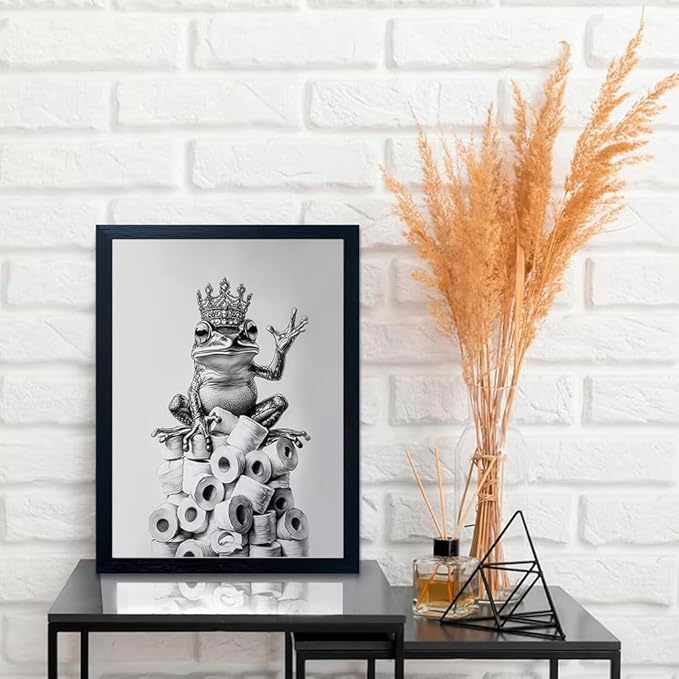 Framed Bathroom Decor Wall Art Wear Crown Frog Toilet Paper Pile - Playful Bathroom wall decor Animal Art black and white canvas wall art print can be hung directly - Frame, 8 "x 10"