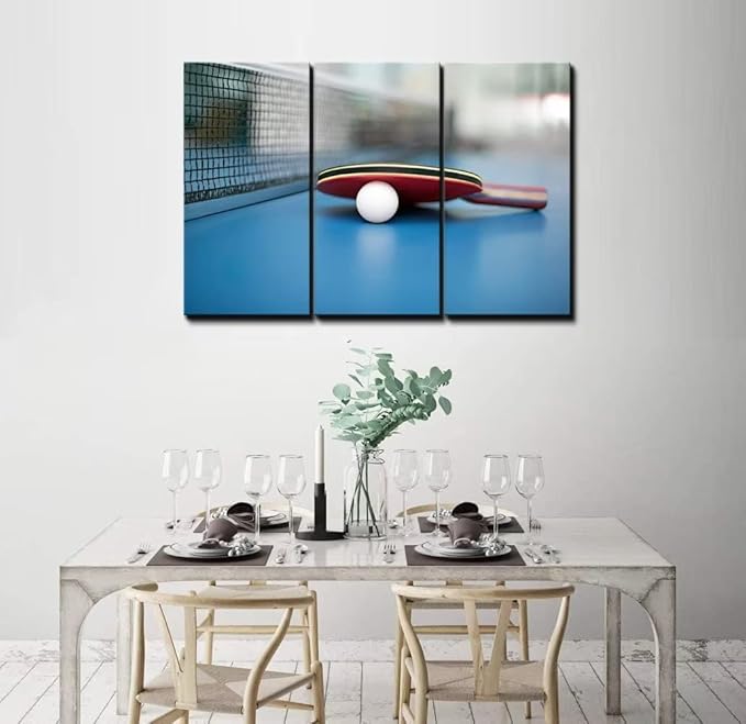 3 Piece Canvas Wall Art - Table Tennis Ball and Bat - Modern Home Decor Stretched and Framed Ready to Hang (40''H x 60''W)