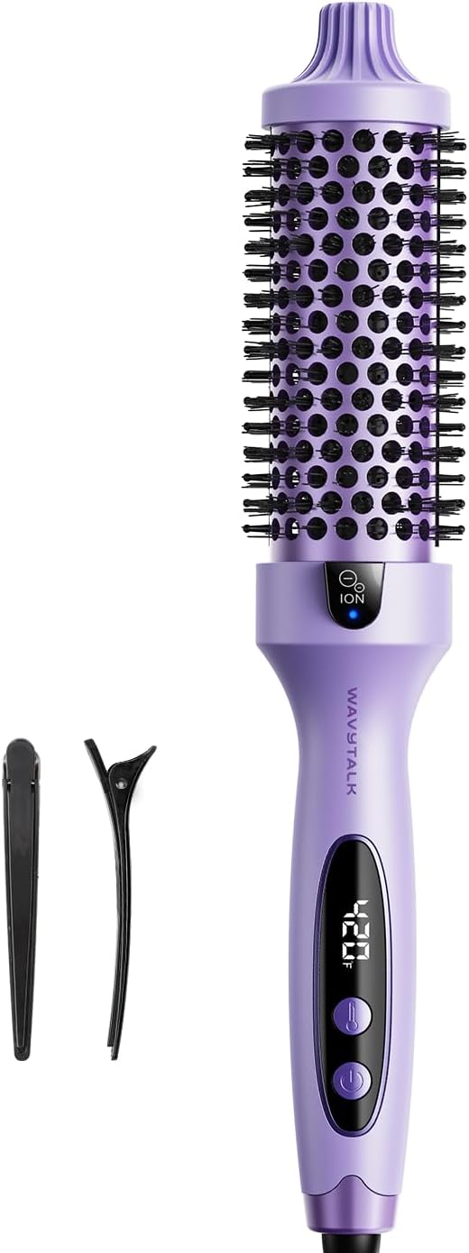 Wavytalk Thermal Brush, Blowout Boost 1.5 inch Heated Round Brush for Blowout Look, Negative Ion Technology, Ceramic Tourmaline, 5 Temperature Settings, Dual Voltage, Purple, Less Damage
