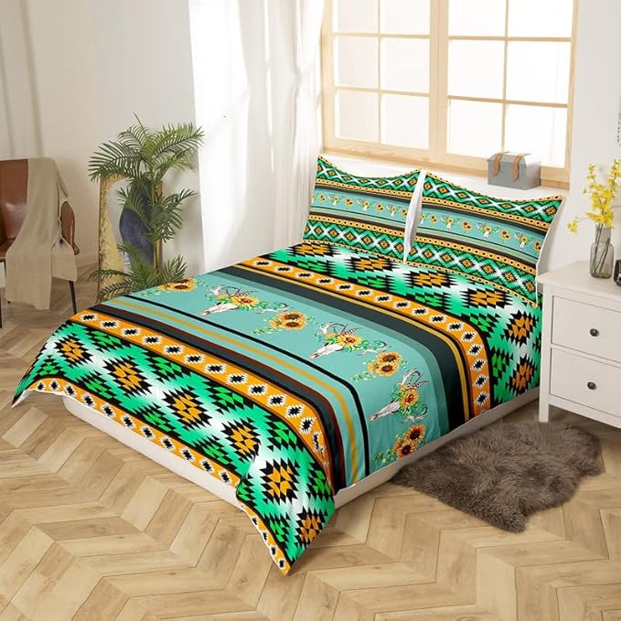 Feelyou Bohemia Duvet Cover Set Retro Geometric Boho Style Comforter Cover for Kids Adults Skull Sunflowers Bedding Set Teal