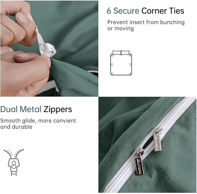 JELLYMONI Cotton Duvet Cover King Size - 100% Washed Cotton Linen Like Textured Comforter Cover, 3 Pieces Breathable Soft Bedding Set with Zipper Closure (Dark Green, King 104"x90")