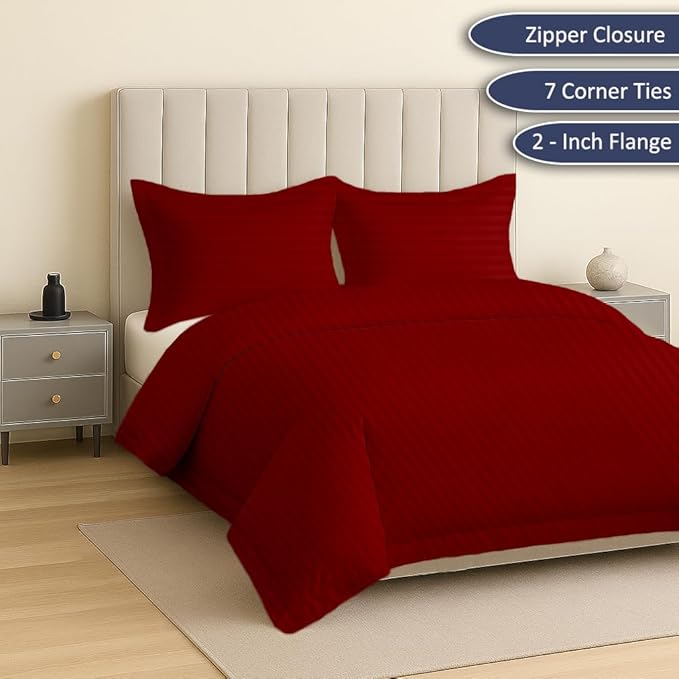 eBeddy Linens Luxury Burgundy Striped Duvet Cover Set Eastern King 118x110 Size 800 TC Certified Egyptian Cotton Luxury Soft & Breathable Comforter Cover with Zipper Closure & Corner Ties