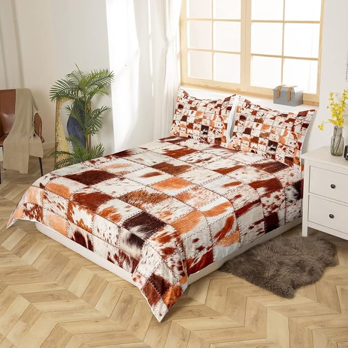Feelyou Retro Farmhouse Duvet Cover Set Splicing Cow Printed Comforter Cover for Kids Adults Cattle Fur Country Style Bedding Set 1 Duvet Cover & 1 Pillowcase